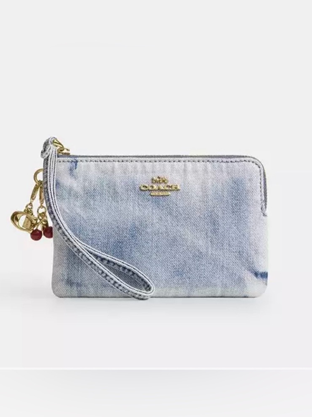 🍒New Coach Corner Zip Wristlet w/ 2 Charms in Loved Denim Gold/ Indigo
